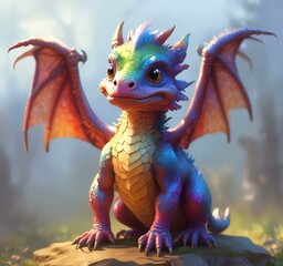 Wall Mural - Illustration of fluffy tiny dragon baby.