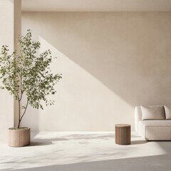 Aufkleber - Contemporary Eco-Chic Living Room Design Modern Minimalist Space with Indoor Potted Plant and Plush Sofa - Sustainable Interiors for Lifestyle and Health-Focused Publications