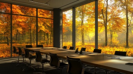 Poster - Conference room ready for a session, large windows revealing a serene autumn landscape, creating a peaceful working environment.