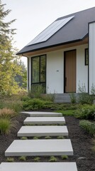 Poster - Eco-Chic Architectural Modern Suburban House with Solar Panels and Stone Pathway - Sustainable Real Estate Visual Branding and Green Housing Promotion