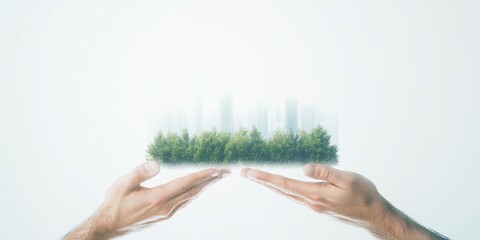 Poster - Sustainable Business Future Transparent Handshake with Eco-City Skyline in Minimalist Space - Ethical Partnership and Trust for Green Innovation in Modern Enterprises