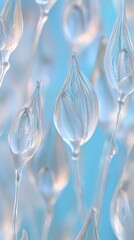 Poster - Gentle wisps of dandelion seeds float gracefully against a serene blue backdrop, showcasing their intricate structures and delicate beauty. Nature's artistry on display