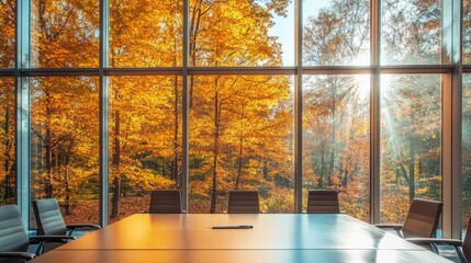 Poster - Conference room ready for a session, large windows revealing a serene autumn landscape, creating a peaceful working environment.