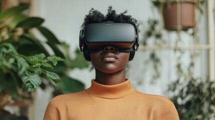 Poster - Young Black Woman Engaging with VR in Urban Garden Setting, Afternoon Light