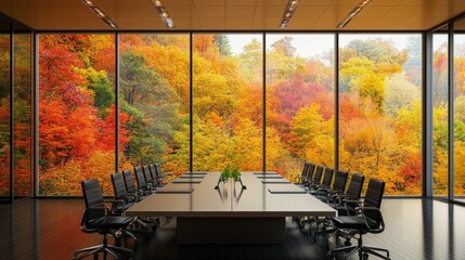 Poster - Conference room ready for a session, with large windows providing a calming view of autumn leaves in full color