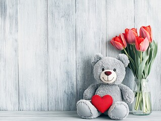 Valentines bear plush sitting , teddy bear and flower