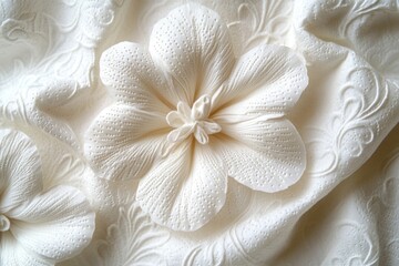 Wall Mural - A close-up shot of a single white flower sitting on a white cloth, simple and elegant