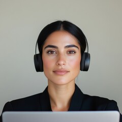 Poster - Professional Woman Engaged in Online Business Learning with Headphones in Modern Study Space
