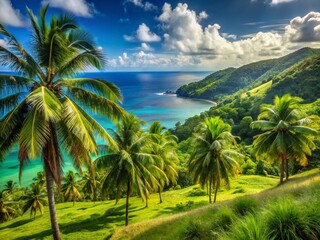 Canvas Print - Lush Jamaican Landscape: Tropical Paradise, Palm Trees, Ocean View, Sunny Sky