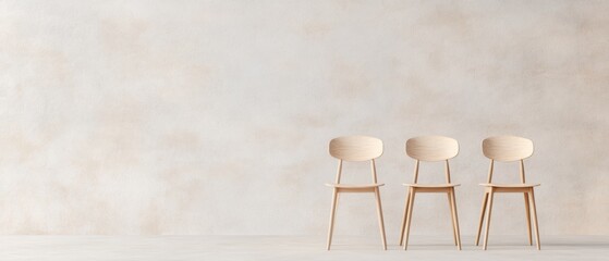 Poster - Minimalist Office Design with Three Wooden Chairs Against a Textured Wall