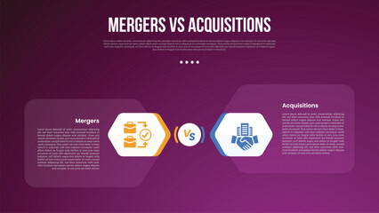 business mergers vs acquisitions infographic for comparison data with hexagon base opposite direction with modern dark gradient style background with 2 point information