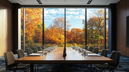 Poster - Conference room set for a session, large windows offering a serene view of autumn trees, creating a tranquil environment.