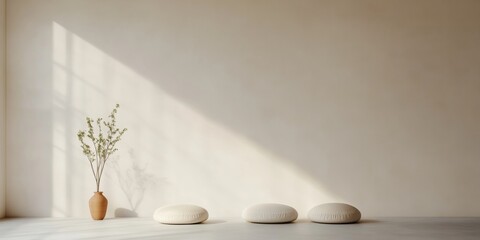 Poster - Serene Minimalist Meditation Space with Cushions and Soft Natural Lighting
