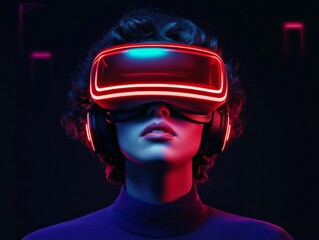 Poster - Futuristic Gamer with Neon VR Headset in Dark Room