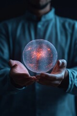 Poster - Futuristic Blockchain Innovation Indian Man Interacting with Holographic Globe in Dark Room