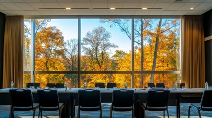 Poster - Conference room set up for sessions, large windows offering a serene view of autumn trees, creating a peaceful and inspiring atmosphere