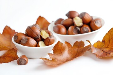 Two bowls filled with mixed nuts and autumn leaves, perfect for nature-inspired photography or interior design