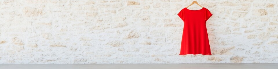 Poster - Bold Red Dress Against Rustic Stone Wall in Natural Light