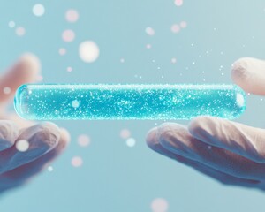 Poster - Innovative Laboratory Science Gloved Hands with Test Tube of Vibrant Blue Liquid