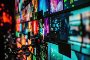 Poster - Row of flat-screen TVs mounted on a wall, great for background or product shots