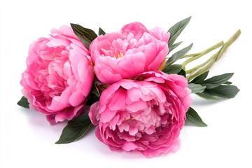 Wall Mural - A bouquet of three pink peonies surrounded by green leaves on a white background