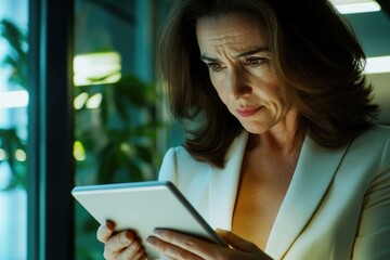 Poster - a person examining a tablet device, possibly checking emails or browsing the web