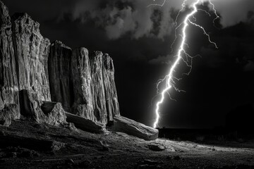 Wall Mural - A dramatic black and white shot of a lightning strike near petrified wood rock formations at night.