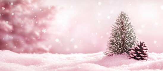 Wall Mural - Snow-covered landscape with a small pine tree and a pine cone in soft pink tones, winter scene with copy space for text.