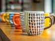© Korn - Handcrafted Ceramic Coffee Mugs with Unique Patterns on Wooden Shelf