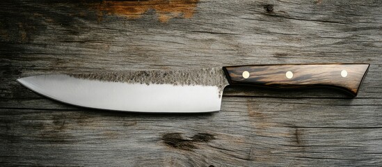 High-quality kitchen knife on wooden surface with natural texture and grain detail Copy Space