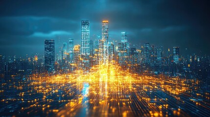 Poster - Illuminated Cityscape Showing Network Connections