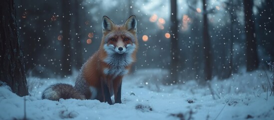 Wall Mural - Red fox sitting in the snow during winter snowfall surrounded by trees with blurred background and copy space for text