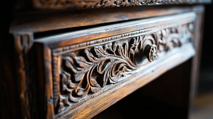 Poster - Intricately carved wooden furniture detail with floral motifs showcasing craftsmanship and texture Copy Space