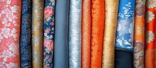 Poster - Colorful assortment of traditional fabrics with floral patterns and textures arranged vertically on display Copy Space