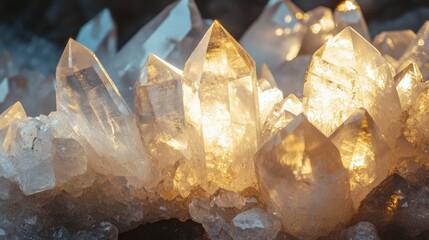 Poster - Close-up of sparkling quartz crystal formations illuminated from behind with soft light on a dark background with Copy Space.