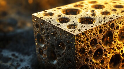 Poster - Textured sponge with droplets on surface illuminated by warm light showcasing macro details and glowing reflections Copy Space