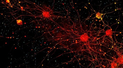Poster - Neural network illustration with interconnected neurons glowing in red and yellow on a black background with Copy Space