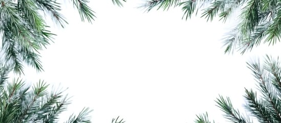 Poster - Pine tree branch frame on white background with ample copy space for text insertion