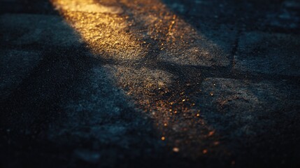 Poster - Textured surface with sunlight casting warm golden light shadows on wet cobblestones Copy Space