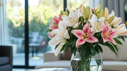 Poster - Fresh bouquet of pink and white lilies in clear vase with soft focus interior background and ample copy space