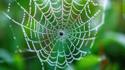 Poster - Close-up of spider web covered in dew drops surrounded by green foliage with Copy Space.