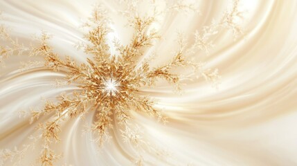 Poster - Abstract golden snowflake design on soft white backdrop with flowing patterns and copy space for text.