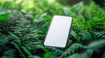 Poster - Smartphone on Green Fern Leaves with Copy Space for Text or Branding