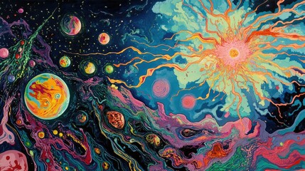 Poster - Abstract cosmic artwork featuring vibrant colors, planets, and a radiant sun in a swirling galaxy background with Copy Space.