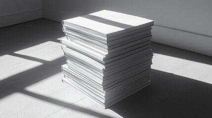 Poster - Stack of white stack of blank sheets of paper casting shadows on a minimalist floor with ample copy space for text