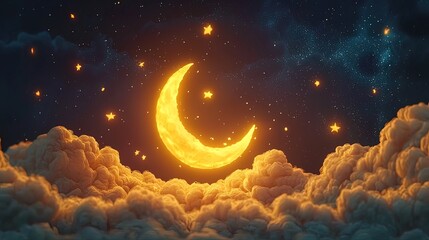 Wall Mural - Glowing crescent moon and stars above fluffy clouds at night.