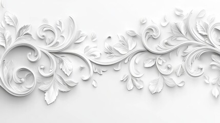 Poster - White ornamental floral relief design on a plain background with intricate details and curves Copy Space