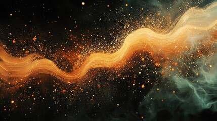 Poster - Abstract golden wave with sparkling particles and smoke on a dark background Copy Space