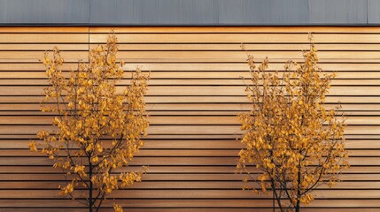 Poster - Autumn trees with yellow leaves against a wooden slat wall with horizontal lines and neutral background Copy Space