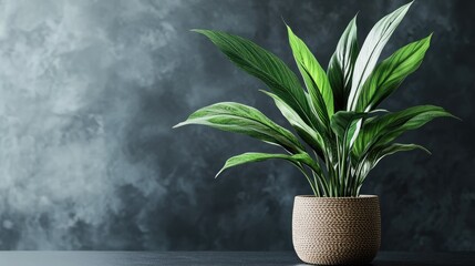 Poster - Potted green plant with large leaves on dark textured background with copy space for text